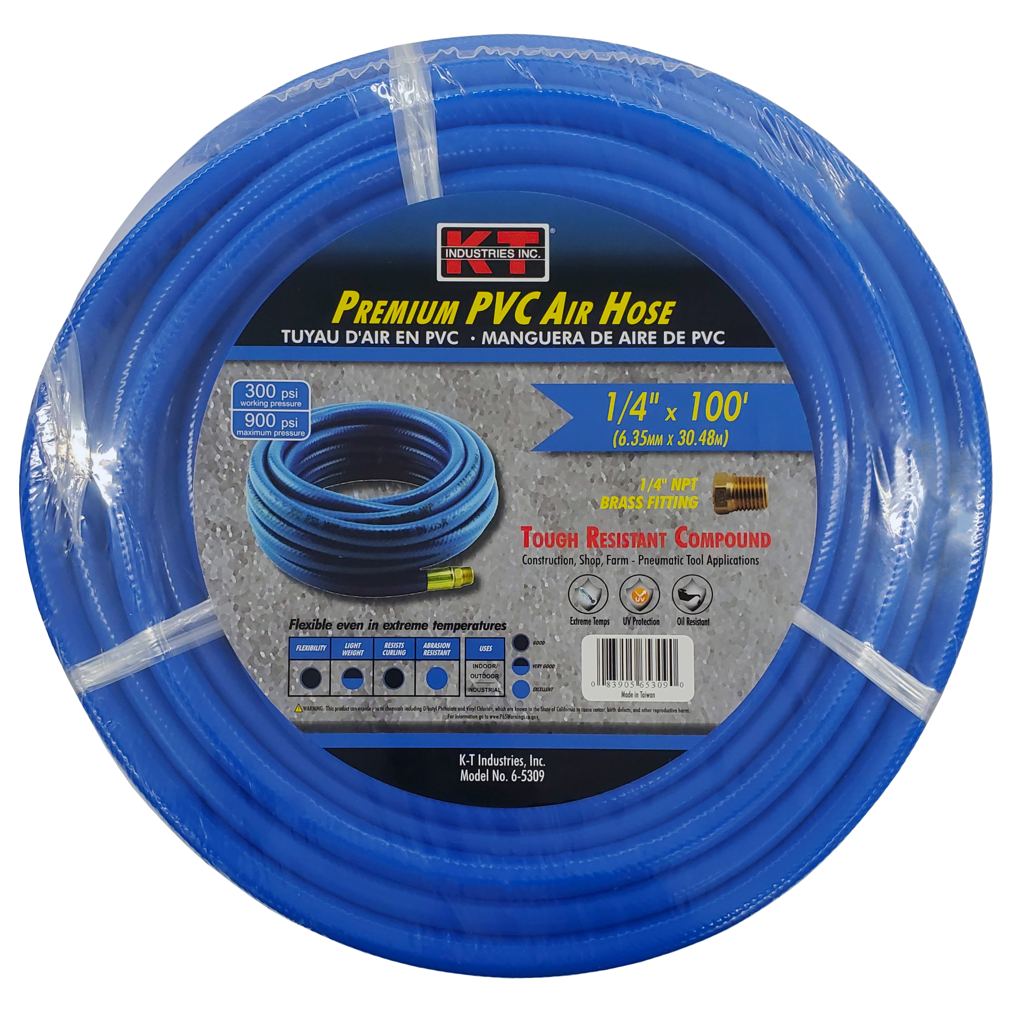 K-T Industries PVC Air Hose — 1/4in. x 100ft., Brass Fittings, Model# 6-5309